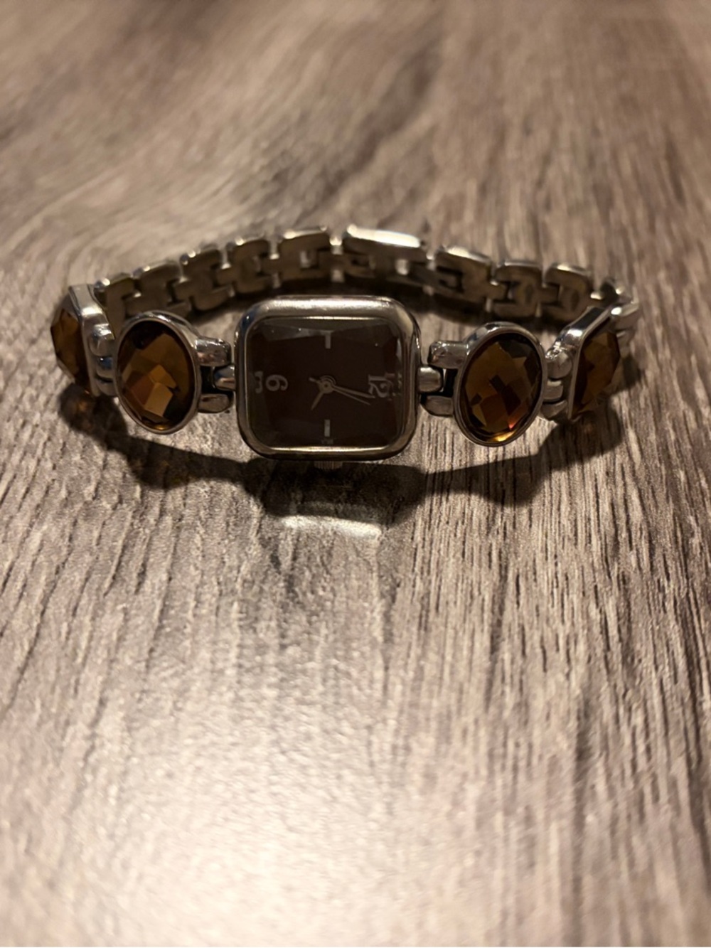 Vintage Silver Bracelet Watch with Brown Gem Accents